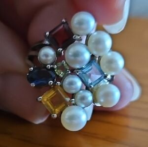 Elegant 925 Multi-Color Gemstone and Pearl Ring